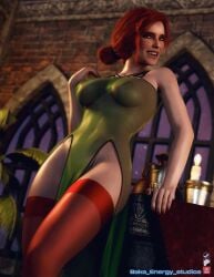 3d baka_energy_studios breasts cd_projekt_red double_slit_dress female freckles green_dress light-skinned_female looking_at_viewer mascara nipples_visible_through_clothing red_hair smiling solo solo_female stocking the_witcher_(series) the_witcher_3:_wild_hunt transparent_clothing triss_merigold