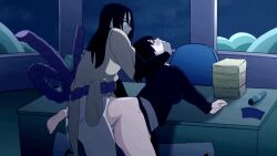 1boy 1girls ass_cheeks back_view backshots big_ass bitawastaken black_hair blush closed_eyes eyelashes fat_ass feet female grey_skin half-dressed hands_on_table hands_together hokage_office holding_head holding_mouth inside jiggle leaning_forward leaning_on_table leg_lift male naruto naruto_(classic) naruto_(series) naruto_shippuden night no_pants orochimaru panties panties_around_feet panties_down satisfied shizune white_body