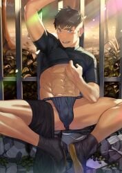 1boy 2021 abs ass blue_fundoshi blush blush_lines brown_eyes brown_hair bulge detailed_background fundoshi gay haskey hi_res light_skin looking_at_viewer male male_only muscular nipples original rickshaw shafu shirt_lift solo tagme yaoi