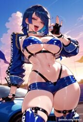 ai_generated balecxi bikini black_gloves blue_hair blue_shorts bob_cut breasts car choker cropped_jacket diagonal_bangs fellatio_gesture female fingerless_gloves genshin_impact green_eyes highleg jacket large_breasts looking_at_viewer mole mole_on_breast motor_vehicle navel open_mouth race_queen short_hair sky solo thighhighs thighs tongue tongue_out yelan_(genshin_impact)