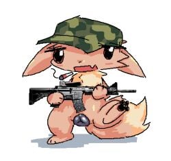animal_genitalia animal_vulva anthro black_pawpads black_vulva blush bored brown_body brown_fur canid canine canine_genitalia canine_pussy canine_vulva chest_tuft cigarette clothing digital_media_(artwork) dipstick_tail eevee feet female fur generation_1_pokemon genitals gun hat headgear headwear low_res mammal markings microsoft_paint_(artwork) military_cap nintendo nofood_nodrinks nude open_mouth pawpads paws pokemon pokemon_(species) pussy ranged_weapon rifle simple_background smoke smoking smoking_cigarette solo solo_focus stomping tail tail_markings toes tuft vulva weapon