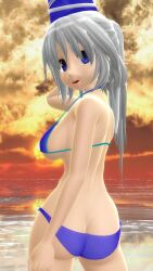 2025 3d afternoon arm_up ass back back_view bikini blue_bikini blue_eyes_female breasts butt_crack clouds female grey_hair_female hand_on_head hat hati_yukkuri_mmd headwear hips human jpeg long_hair_female looking_at_viewer looking_back_at_viewer mmd mononobe_no_futo open_mouth outdoors sideboob sky sun swimsuit tied_hair touhou uncanny_valley waist water