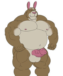 balls belly biceps big_muscles chubby erection krosbar_(artist) lagomorph male male_only mammal musclegut muscles original original_character pecs penis rabbit smile solo standing