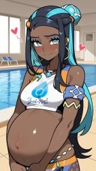 ai_art ai_assisted ai_generated ass background belly belly_expansion big_ass big_belly big_breasts big_breasts blue_eyes blue_hair breasts chubby cum curvy dark_hair dark_skin female female hot huge_breasts long_hair long_sleeves navel nessa nessa_(pokemon) nipples no_bra npc_trainer nude pokemon pokemon_(game) pool pregnant sex simple solo voluptuous voluptuous_female