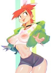 1girls big_breasts blush breasts cartoon_network choker cleavage clothed clothing female female_only foster's_home_for_imaginary_friends frankie_foster fully_clothed high_resolution human large_breasts midriff one_eye_closed panties pink_bra rain raining red_hair see-through see-through_shirt slender_waist solo standing thick_thighs wet wet_clothes wet_shirt wide_hips