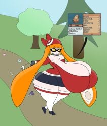 absurd_res arm_between_breasts bandana breast_squish breasts cameltoe cleavage cleavage_overflow forest frostyoverdew gloves hand_between_breasts hand_in_cleavage highres huge_breasts huge_thighs inkling inkling_girl long_gloves long_hair mask massive_breasts may_(pokemon) may_(pokemon)_(cosplay) midriff miniskirt nintendo oblivious orange_hair outdoors pokeball pokemon red_shirt sagging_breasts short_girl shortstack sleeveless slightly_chubby splatoon tentacle tentacle_hair thick_thighs thigh_high_socks thighhighs tight_clothing tight_fit tubetop walking wide_hips yellow_eyes