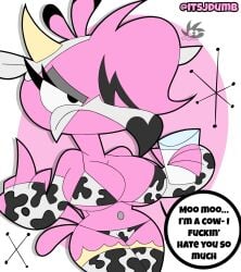 2025 animal_print animal_print_bikini animal_print_thigh_highs annoyed anthro avian beak big_breasts bikini bird black_eyes bovid_horn bovine_horn bra breasts cleavage clothed clothing cow_horn cow_print cow_print_armwear cow_print_bikini cow_print_elbow_gloves cow_print_legwear cow_print_thigh_highs dialogue digital_media_(artwork) english_text eyelashes eyeshadow female flamingo flamma flipping_viewer_off gesture grey_eyeshadow hand_gesture hi_res horn jdone legwear looking_at_viewer makeup middle_finger milk navel navel_piercing non-mammal_breasts non-mammal_navel panties pattern_bikini pattern_clothing pattern_legwear pattern_swimwear pattern_thigh_highs piercing pink_body simple_background solo speech_bubble swimwear tail text thick_thighs thigh_highs two-piece_swimsuit underwear wide_hips