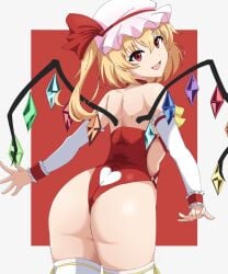big_butt blonde_hair butt butt_cutout butt_focus female flandre_scarlet huge_butt large_butt long_hair red_leotard smile thighs touhou wings