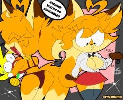 2025 alternate_version_available anthro ass beak big_breasts black_eyes blonde_hair bottomwear breast_squish breasts canid canine cleavage clothed clothing collar digital_media_(artwork) duo english_text eyelashes female fox hair hi_res jasmin_(jasminthemanticore) jdone legwear limbless male mammal mario_bros markings nintendo nude open_mouth orange_body orange_hair populuxe rayoshi_(jdone) rear_view shirt side_boob simple_background size_difference skirt smile squish tail tail_markings text thigh_highs topwear unbuttoned unbuttoned_shirt wardrobe_malfunction yoshi
