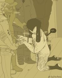 blush blush bunny_ears closed_eyes closed_eyes disgusted dream_game forsaken_(roblox) hairy holding_penis mafioso_(dream_game) mafioso_(forsaken) on_knees open_mouth open_mouth peeing peeing peeing_on_another pissing_on_another roblox socksadness standing suit suit_and_tie text text_bubble tie urine urine