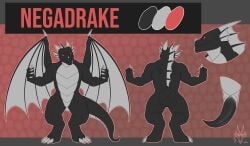 2022 absurd_res black_body claws dorsal_fin dorsal_frill dragon ear_fins fin frill_(anatomy) genitals grey_body hi_res horn male model_sheet multicolored_body mythological_creature mythological_scalie mythology negadrake penis proboscis_(anatomy) red_eyes scalie slit_penis spines trunk_(anatomy) unknown_artist wings