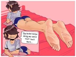 1other ambiguous_gender annoyed annoyed_expression ass bed bottomless clothed comic english_text feet foot_fetish foot_focus from_behind fully_clothed hair_covering_eyes hair_over_eyes ignoring kai_(tinsay) laying_down laying_on_bed laying_on_stomach legs looking_back oc sharp_teeth short_hair shorts soles solo solo_in_panel t-shirt text_bubble tinsay_(artist) toes tomboy turning_around two_panel_image wrinkled_feet wrinkled_soles