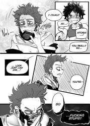 2025 2boys angry black_and_white blush blushing_male boku_no_hero_academia byjove comic cosplay deku dialog dialogue doujinshi english english_text freckles freckles_on_face gay gay_male gay_sex hitoshi_shinso hurt_expression impersonation izuku_midoriya male male/male male_only male_penetrating messy_hair midoriya_izuku misunderstanding monochrome mouth_guard mouthguard my_hero_academia no_visible_genitalia scarf shinsou_hitoshi sports_bra tears tears_in_eyes tears_of_pain unrequited_love upset yaoi