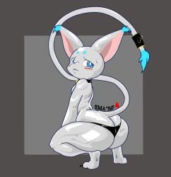 anthro ass bandai_namco big_butt blue_eyes blush claws clothing digimon digimon_(species) digital_media_(artwork) ema_imp~ fan_character felid feline fur gatomon hi_res looking_at_viewer male mammal nervous oiled_body short_stack simple_background solo solo_focus tail thick_thighs white_body white_fur wide_hips