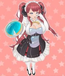 ark_re:code big_breasts big_breasts blue_eyes female female female_only giselle_(ark_re:code) looking_at_viewer maid maid_uniform mole red_hair sesp