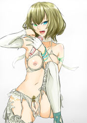 blue_eyes bra breasts brown_hair clitoris clitoris_piercing crotchless_panties cupless_bra female green_eyes heterochromia highres idolmaster idolmaster_cinderella_girls looking_at_viewer microphone mole nipples open_mouth panties piercing pubic_hair pussy short_hair solo takagaki_kaede tongue_piercing uncensored underwear