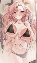 aroused bathroom blush breasts breasts_on_glass female hands_on_glass huge_breasts in_heat indoors licking_lips loose_bikini naughty_face nicole_demara showering thigh_strap tile_floor tile_wall unworn_bikini_top yeeno zenless_zone_zero zzirit6