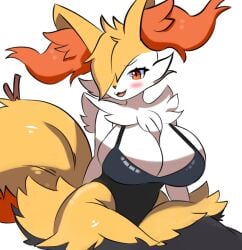 2025 anthro big_breasts black_body black_fur blush braixen breasts cleavage clothed clothing digital_media_(artwork) evaacii fangs female fur generation_6_pokemon hi_res huge_breasts inner_ear_fluff multicolored_body multicolored_fur nintendo one-piece_swimsuit open_mouth orange_body orange_eyes orange_fur pokemon pokemon_(species) simple_background smile solo stick swimwear tail teeth topwear tuft white_background white_body white_fur yellow_body yellow_fur