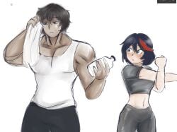 1boy 1boy1girl 1girl1boy 1girls asian asian_female black_hair blue_eyes blushing_female bottle brown_eyes brown_hair crossover crossover_pairing crossover_ship crossover_shipping female female/male gray_shirt gray_shorts kengan_ashura kill_la_kill male male/female matoi_ryuuko muscular muscular_male red_highlights ryukohma short_hair shorts sport studio_trigger teenage_girl teenager tokita_ohma tomboy towel