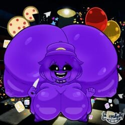 1girl ass balloon black_sclera breasts checkered_floor choker colored_sclera colored_skin five_nights_at_freddy's fnaf hat holding huge_ass huge_breasts knife lafreakysky looking_at_viewer nipples nude open_mouth purple_hair purple_headwear purple_skin smile solo teeth wendy_afton