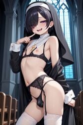 1boy ai_generated black_hair breastless_bra bulge_under_clothes church church_background church_interior contrapposto cupless_bra femboy finger_to_mouth flat_chest garter_belt garter_straps hair_over_one_eye half-closed_eyes latin_cross mr.mawile naughty_face necklace nun nun's_habit nun_hat nun_outfit original_character purple_eyes seductive_smile short_hair small_nipples solo thighhighs thong trap wrist_cuffs yaoi