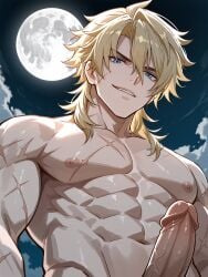 1male blonde_hair blue_eyes genshin_impact moon muscular muscular_male night penis scar scars scars_all_over shirtless shirtless_(male) shirtless_male smirk smirking_at_viewer varka_(genshin_impact)