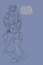 anthro balls big_penis canid canine canis chaperon_(hat) chausses clothed clothing coin_purse dialogue domestic_cat domestic_dog duo embarrassed felid feline felis genitals hand_on_shoulder hood huge_cock internal kittykuscell legwear long_penis longsword male male/male mammal medieval medieval_clothing melee_weapon musk musk_clouds oral oral_penetration penetration penis raised_clothing raised_topwear saggy_balls scabbard steam steamy_penis sword thick_penis tight_clothing tights tongue tongue_out topwear vascular_penis vein veiny_balls veiny_penis weapon