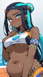 ai_art ai_assisted ai_generated ass background belly belly_expansion big_ass big_belly big_breasts big_breasts blue_eyes blue_hair breasts chubby cum curvy dark_hair dark_skin female female hot huge_breasts long_hair long_sleeves navel nessa nessa_(pokemon) nipples no_bra npc_trainer nude pokemon pokemon_(game) pool pregnant sex simple solo voluptuous voluptuous_female