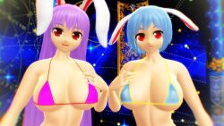 2025 2girls 3d big_breasts bikini bikini_top blue_bikini_top blue_hair_female breasts cleavage duo_female duo_focus female hand_on_breast hati_yukkuri_mmd interior_background jpeg kemonomimi light-skinned_female long_hair_female looking_at_viewer midriff mmd open_mouth pink_bikini_top pink_hair_female rabbit_ears rabbit_humanoid red_eyes reisen reisen_udongein_inaba short_hair_female skimpy_bikini swimsuit touhou waist