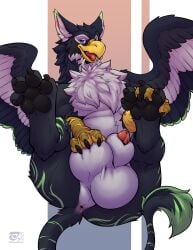 2025 animal_genitalia anus ass avian balls beak big_balls black_body black_fur chest_tuft digital_media_(artwork) digitigrade feathered_wings feathers feral fur genitals green_body green_fur gryphon hi_res huge_balls male male_feral multicolored_body multicolored_fur mythological_avian mythological_creature mythology pawpads paws penis penis_tip quadruped sheath solo thesecretcave toumak_(character) tuft white_balls white_body white_fur white_sheath wings yellow_beak