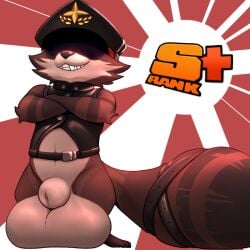 1:1 animal_genitalia balls big_balls biped canid canine clothed clothing crossed_arms genitals hat headgear headwear huge_balls kama_(zenless_zone_zero) leather male mammal mihoyo partially_clothed raccoon_dog sheath solo tanuki trashbadger zenless_zone_zero