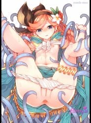 ai ai_art ai_assisted ai_generated artist_name blush bondage cleavage female highres long_hair navel nipples red_hair simple_background spread_legs sweat tears underwear wet white_background