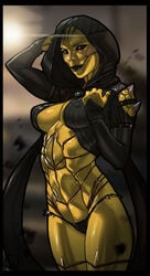 1girls 2d abs black_eyes black_lips breasts cleavage d'vorah detached_sleeves female ganassa hood horns insects mortal_kombat mortal_kombat_x netherrealm_studios nipples outdoors panties pose solo standing thong yellow_skin