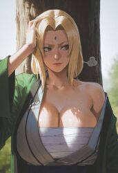 bandage big_breasts big_breasts blonde_hair blush bored breasts breasts brown_eyes clothing cloud eyelashes green_clothing hand_on_head lips long_hair looking_away naruto ninja outdoors outside shiny_skin sweatdrop tree tsunade