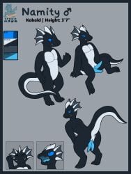 2_penises 3:4 absurd_res animal_only anus ass black_body black_scales blue_border blue_penis blue_sclera blue_tongue border countershading ear_frill frill_(anatomy) genitals hi_res horn kobold male model_sheet multi_genitalia multi_penis namity_(character) penis presenting presenting_hindquarters scales scalie solo syngie tongue white_body white_countershading