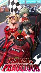 2girls absurdres adapted_costume alternate_costume bangboo_(zenless_zone_zero) bare_shoulders belt black_belt black_footwear black_horns black_jacket black_shirt black_shorts blonde_hair boots breasts burnice_white caesar_king caesar_king_(zenless_zone_zero) car checkered_flag cleavage closed_mouth collar commentary covered_collarbone crop_top cruzvu detached_collar elbow_gloves english_commentary english_text female flag fur-trimmed_jacket fur_trim gloves green_hair hair_between_eyes hair_intakes hair_ornament heart heart-shaped_eyewear highres horns jacket large_breasts long_hair looking_at_viewer medium_hair midriff motor_vehicle multiple_girls navel on_car one_eye_closed open_clothes open_jacket orange_eyes outdoors race_queen race_vehicle racecar racetrack red_collar red_footwear red_gloves red_moccus red_shirt shirt shorts single_off_shoulder sitting smile thigh_boots thighs twintails white_belt x_hair_ornament yellow_eyes zenless_zone_zero