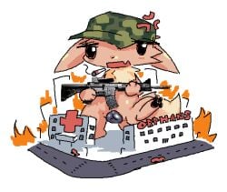 angry animal_genitalia animal_vulva anthro black_pawpads black_vulva blush bored brown_body brown_fur building canid canine canine_genitalia canine_pussy canine_vulva car chest_tuft cigarette city city_destruction clothing cross-popping_vein destruction digital_media_(artwork) dipstick_tail eevee english_text feet female fire fur generation_1_pokemon genitals gun hat headgear headwear hospital imminent_destruction macro mammal markings microsoft_paint_(artwork) military_cap nintendo nofood_nodrinks nude open_mouth orphanage outside pawpads paws pokemon pokemon_(species) ranged_weapon rifle road simple_background smoke smoking smoking_cigarette solo solo_focus stomping tail tail_markings text toes tuft vehicle vulva weapon