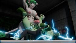 3d_(artwork) absurd_res alien alien_humanoid antennae_(anatomy) anthro areola ariral bodily_fluids breasts clothing clover_(triata) digital_media_(artwork) duo electricity forced fur genital_fluids genitals greebo_(tetrabyte) green_body green_fur green_hair gynomorph hair hi_res hot_dogging humanoid intersex intersex/intersex leaking_precum leg_grab mayu_(azuki) multi_breast nipples nude pain penis precum rape sex supernumerary_breasts suspension triata voices_of_the_void whiskers