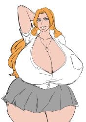 1girls 2d 2d_(artwork) 2d_artwork alternate_body_type alternate_breast_size arm_up big_breasts bleach blue_eyes blue_eyes_female breasts breasts_bigger_than_head chain chain_necklace digital_drawing_(artwork) digital_media_(artwork) eyelashes female female_focus female_only grey_skirt hand_behind_head hips hips_wider_than_shoulders huge_breasts japanese japanese_female large_breasts large_thighs light-skinned_female lips long_hair long_hair_female looking_at_viewer matsumoto_rangiku momiji_(artist) necklace orange_hair orange_hair_female pleasure_face school_uniform schoolgirl schoolgirl_uniform skirt smile smiling smiling_at_viewer solo solo_female solo_focus thick_thighs thighs thighs_bigger_than_head white_background wide_hips