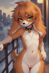 ai_generated anthro canid canine canis cuntboy curvy_figure domestic_dog furry green_eyes handjob intersex male nude_male orange_body pussy smile smirk smug spiked_collar white_body young