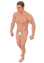 1boy 2010 brown_hair bulge fundoshi gay male male_only muscular nipples original pubic_hair simple_background waka_(pixiv332006) white_background white_fundoshi