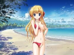 beach bikini blonde_hair blue_eyes blush breasts fortune_arterial hair_ribbon large_breasts long_hair mizugi pointy_chin sendou_erika