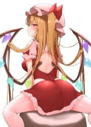 big_butt blonde_hair breasts butt butt_focus female flandre_scarlet huge_butt large_butt long_hair pink_hat red_eyes red_shirt skirt touhou