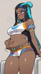 ai_art ai_assisted ai_generated ass background belly belly_expansion big_ass big_belly big_breasts big_breasts blue_eyes blue_hair breasts chubby cum curvy dark_hair dark_skin female female hot huge_breasts long_hair long_sleeves navel nessa nessa_(pokemon) nipples no_bra npc_trainer nude pokemon pokemon_(game) pool pregnant sex simple solo voluptuous voluptuous_female