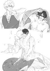 2boys alternate_costume alternate_species amagakii38079 anal anal_sex arms_around_neck ass_grab bite_mark bite_marks cum cum_in_ass cum_inside ear_fins gay gills gintama gintoki_sakata kissing male male_only merfolk merman monochrome pants_down penis sakamoto_tatsuma smile sunglasses yaoi