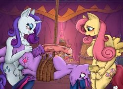 2d_(artwork) 3futas blush bondage drooling fluttershy_(mlp) furry futanari horse horsecock hyper intersex my_little_pony rarity_(mlp) rope spitroast threesome twilight_sparkle_(mlp)