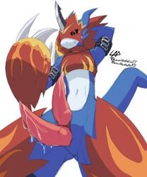 2_penises absurd_res animal_genitalia animal_penis anthro armor armwear bandai_namco belt blue_body blush bodily_fluids claws clothing digimon digimon_(species) dragon erection flamedramon genital_fluids genitals headgear helmet hemipenes hi_res hips_forward humanoid inviting inviting_to_sex inviting_viewer legwear lewdaesthetics lizard looking_at_viewer looking_down looking_down_at_viewer low-angle_view male multi_genitalia multi_penis multicolored_body mythological_creature mythological_scalie mythology penis precum presenting presenting_hemipenes presenting_penis red_armor red_eyes reptile scalie smile smirk smug smug_face solo standing tail thick_tail thick_thighs white_body