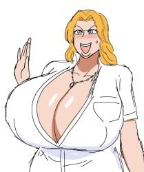 1girls 2d 2d_(artwork) 2d_artwork alternate_breast_size arm_up big_breasts bleach blue_eyes blue_eyes_female breasts breasts_bigger_than_head chain_necklace chains digital_drawing_(artwork) digital_media_(artwork) embarrassed embarrassed_female eyelashes female female_focus female_only hand_up hips hips_wider_than_shoulders huge_breasts japanese japanese_female large_breasts large_thighs laugh laughing light-skinned_female lips long_hair long_hair_female looking_at_viewer matsumoto_rangiku momiji_(artist) necklace nervous nervous_expression nervous_smile nervous_sweat open_mouth orange_hair orange_hair_female school_uniform schoolgirl schoolgirl_uniform smile smiling smiling_at_viewer solo solo_female solo_focus sweat sweatdrop white_background