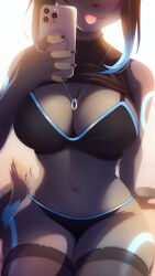 anthro areola blue_fur blue_hair breasts camera eeveelution eipril female furry necklace nintendo nipples nudity partially_clothed partially_nude phone photo pokemon pokemon_(species) pokemon_gsc posing selfie shirt_up thighhighs tongue tongue_out umbreon