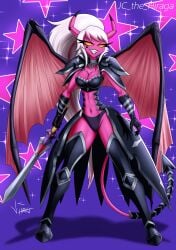 1girls 2d 2d_(artwork) 2d_artwork armor armor_boots big_eyelashes bikini_armor black_lips breasts cleavage cosplay crossover_cosplay demon demon_girl demon_horns demon_tail digital_drawing_(artwork) digital_media_(artwork) erza_scarlet_(cosplay) eyelashes fairy_tail female heart_tattoo helluva_boss holding_melee_weapon holding_weapon horn jc_the_hiraga large_breasts long_hair long_hair_female melee_weapon pink_body pink_skin ponytail ponytail_female purple_background revealing_clothes sharp_teeth shoulder_pads solo stars succubus sword tail tattoo_on_face teeth teeth_showing verosika_mayday_(helluva_boss) vivienne_medrano vivziepop white_hair white_hair_female wings yellow_eyes yellow_eyes_female
